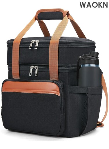 Insulated Lunch Box Lunch Cooler Bag for Men: Expandable Large Lunchbox for Picnic Work Office Outdoor - Reusable Double Deck Lunch Tote for Adults Black Brown