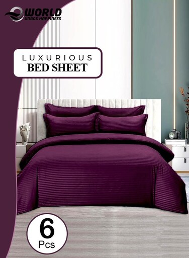 6-Piece Premium King Size Bedding Set, Purple Striped Design-1 Full/King Size Luxury Bedsheet with Stripped Pattern with 1 Soft Duvet Cover and 4 Pillowcases &acirc;&euro;&ldquo; Suitable for Home and Hotels