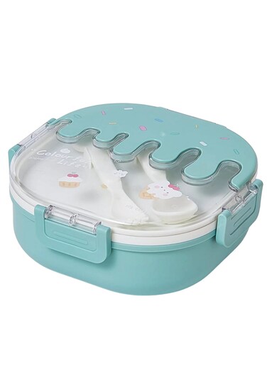 Twisoo Bento Stainless Steel Lunch Box for Kids Adults 3 Compartment Plastic Cute Ice Cream Lunch Snack Containers with Fork and Spoon - Double Decker BPA Free Leakproof (Green)