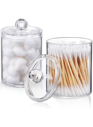 KASTWAVE 2 Pack Holder Dispenser for Cotton Ball, Cotton Swab, Cotton Round Pads, Floss - 10 oz Clear Plastic Jar Set for Bathroom Canister Storage Organization, Vanity Makeup Organizer