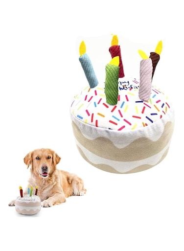 Khazna Pet Dog Birthday Cake, Soft Plush with Rope Handles in Fun Happy Bright Colours Candles Durable Dog Chew &amp; Cuddly Interactive Cake for Puppy Small to Medium Dog