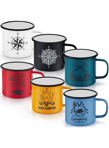 P&amp;P CHEF 16 Oz Enamel Mug Coffee Cup Set of 6, Camping Enamel Mug with Patterns &amp; Handle for Tea Soup Milk, Corlorful Gift for Camp Home Office, Lightweight &amp; Durable