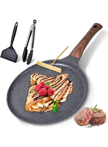 Nonstick Crepe Pan,Marble Coated Dosa Pan,Omelette Steak Frying Egg with Ergonmic Handle,Tortilla Pan,PFOA Free, with Food Clip and Silicone Spatula,Easy to Clean,for All Stovetops,24CM