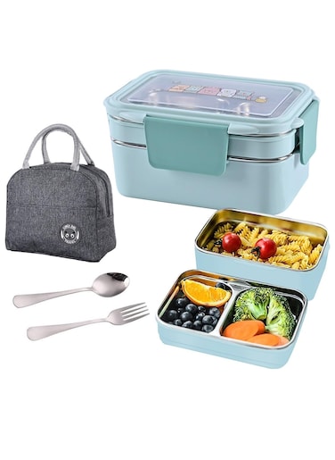 Lunch Box 2 Tier Stainless Steel Bento Lunch Box with 3 Compartments and Cutlery (Spoon &amp; Fork) for Kids and Adults Leakproof Allow Dishwasher 1000ml (Blue)