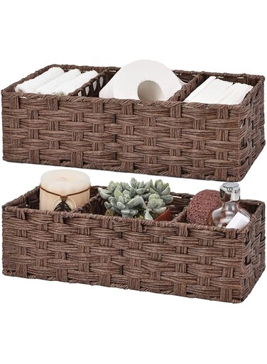 Angju Bathroom Baskets for Organizing, Toilet Storage Basket Waterproof, Wicker Tank Basket with 2 Dividers, Brown, 2-Pack