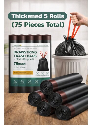 Home 5Roll*15PCS / Drawstring Trash Bags Thickened ,Leak-Proof ,Heavy Duty ,5 Rolls Black Garbage Bags for Kitchen and Home