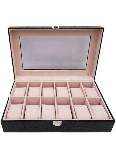 Goldedge 12 Piece Pu Croco Leather Watch Organizer Box Black Large S35