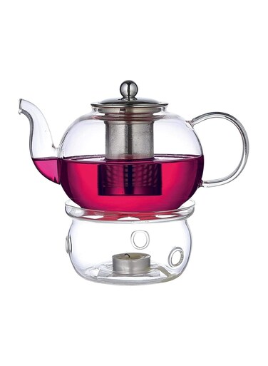 1 Liter Clear Borosilicate Glass Tea Pot with Base Stainless Steel Infuser &amp; Lid, Premium Teapot Warmer Set for Loose Leaf and Blooming Tea Heat Resistant