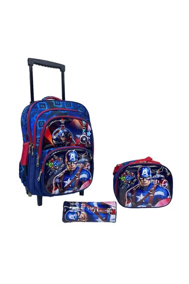Kids School Trolley Backpack Set, 3 Pieces, 16.5Inch Rolling Bag with Lunch Box and Pencil Case (Blue Super Hero, 16.5 Inch)