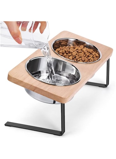 Siooko Elevated Cat Bowls, 15&deg; Tilted Raised Cat Food Bowls Wood Pet Bowls with Stand Anti Vomiting 2 Stainless Steel Bowls for Cats and Puppy