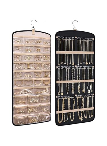 ChicAbode Hanging Jewelry Organizer, Necklace Holder Anti-tangle Earrings Rings Hanger with many Jewelry Bags Travel Storage Roll with Pockets Hang on Closet, Wall, Door,1 Piece, Large, Black