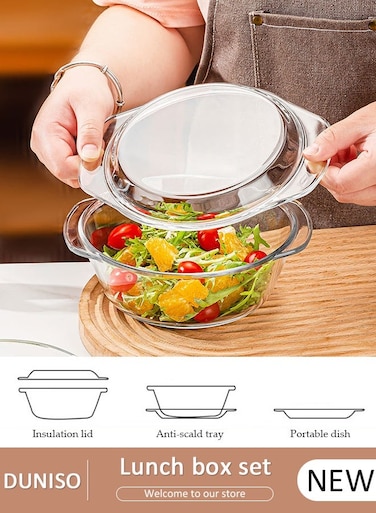 Clear Round Glass Casserole Dish, Glass Casseroles with Lid, Glass Bowls Bakeware Dish Microwave Safe, Durable Borosilicate Glass Bakeware Bowl for Breakfast Rice Salad Fruit Yogurt
