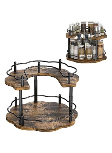 Exrp Lazy Susan Organizer Spice Rack - Height Adjustable Rotating Lazy Turntable Spice Organization for Cabinet, Pantry Kitchen Wood Revolving Seasoning Organizer