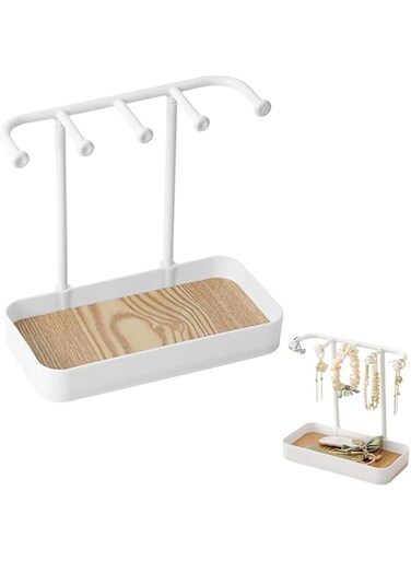 Azonee Jewelry Organizer Stand, Necklaces Holder with Wooden Tray, Necklace Display Stand Jewelry Storage Hooks for Necklace, Bracelets, Earrings, Ring, Keys, Watches, White