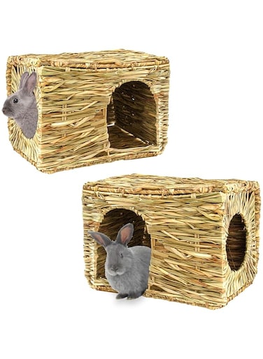 HERCOCCI Extra Large Grass House for Rabbit, Foldable &amp; Comfortable - Small Animal Hut Play Hideaway Bed Hay Mat Chew Toy for Bunny Guinea Pig Hamster hilla (2 Pack)