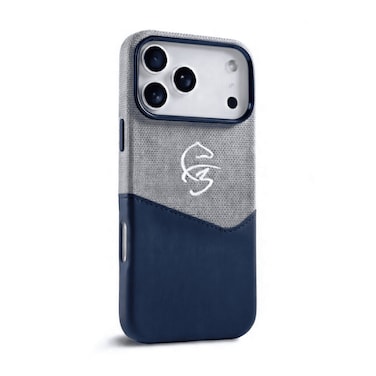 F3 iPhone 17 Pro Max Leather Case &ndash; BUVU Fazaa Hard Slim Cover Blue/Grey