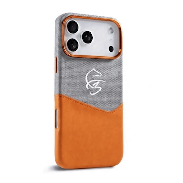 F3 iPhone 17 Pro Max Leather Case &ndash; Durable Slim Hard Cover Grey/Orange