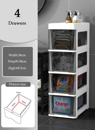 4-Layer Narrow Storage Cabinet with Drawers Wheels -Waterproof Drawer Cart Bathroom Storage Cabinet Box Plastic Transparent Bathroom Storage Containers for Small Spaces,Toilet, Kitchen,Bedroom,Office Laundry Living Room
