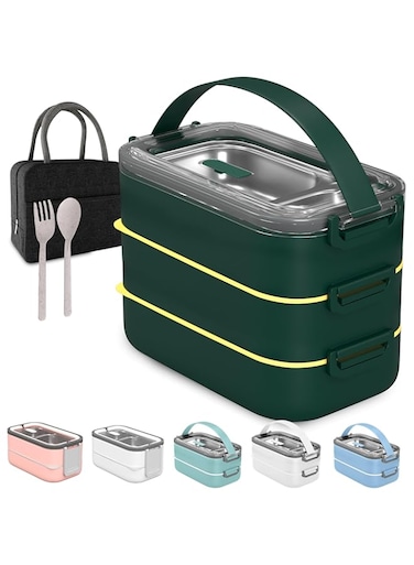 ELLEMENTEL Stainless Steel Lunch Box for Kids &amp; Adults with Bag, 3 Layers Food Container with Spoon &amp; Fork, Leakproof Tiffin for Office
