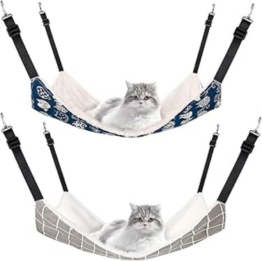 X spring Rabbit Hammock, 2 Pieces Soft Breathable Pet Cage Hammock with Adjustable Straps and Metal Hooks, Reversible Cat Hanging Hammock for Cats Small Dogs Rabbits (Cat and Plaid)