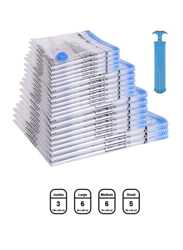 East Vacuum Compression Zipper Storage Bags with Airtight Valve and Hand Pump, 20-Pack, Clear