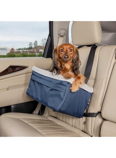 PetSafe Happy Ride Booster Seat - Dog for Cars, Trucks and SUVs Easy to Adjust Strap Durable Fleece Liner is Machine Washable Clean Medium, Navy