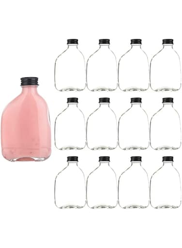 FUFU 12pcs empty juice bottle glass milk beverage bottle whiskey bottle vodka bottle party drink shop coffee shop 100ml,black lid