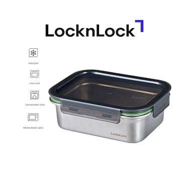 LocknLock Stainless Steel Stackable Food Container Rectangle 1.2L &ndash; Four-Side Locking Lid, Durable &amp; Leakproof, Oven &amp; Freezer Safe