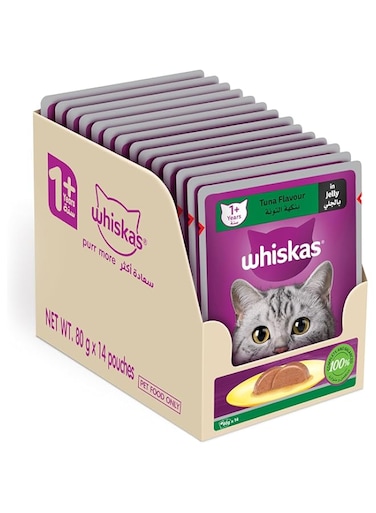 Whiskas Tuna in Jelly Wet Cat Food Pack of 14x80g, Wet Food for 1+ Years Adult Cats, Complete and Balanced Nutrition