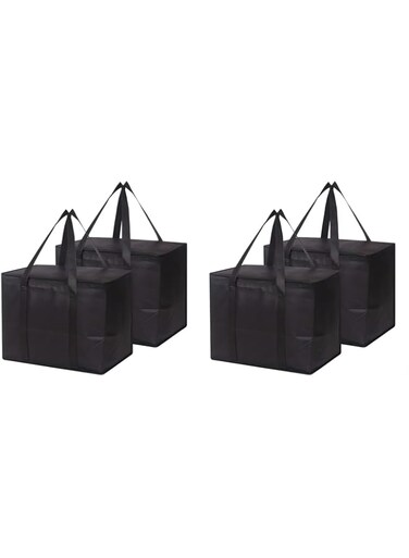 SUREPP 4 Pack Insulated Reusable Grocery Bags, Food Transport Bags, Reinforced Bottom Plate, Heavy Duty, Large, Upright, Foldable, Strong Zipper, Reusable, Sustainable (Black)
