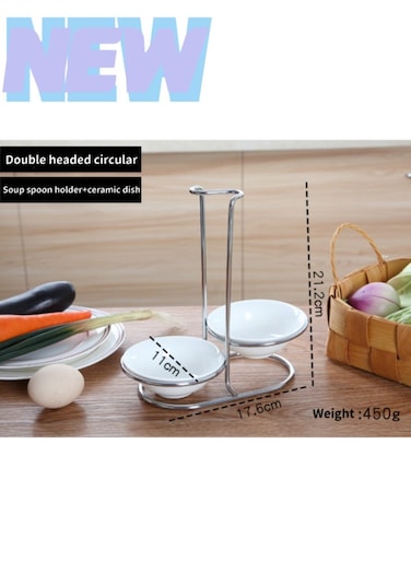 Double-Ended Soup Spoon Holder Vertical Stainless Steel Soup Spoon Rack Vertical Storage Soup Spoon Holder Cooking Utensil Stand Tray Cutlery Rack [Stainless Steel + 2 Round Ceramic Dishes]