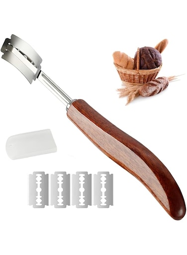 Azonee Premium Bread Lame Slashing Tool Bread Scorer Blade with Crafted Wooden Handle Dough Scoring Kinfe with 5 Blades and Protective Cover for Making Bread Tool