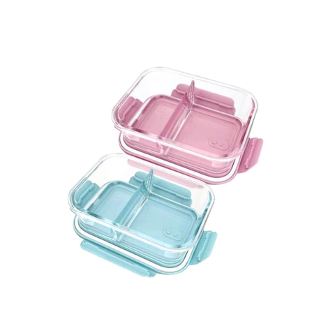 Aiwanto 2 Pack 2 Compartment Glass Lunch Box Glass Storage Containers Glass Storage Office School Food Box(Pink and Blue)