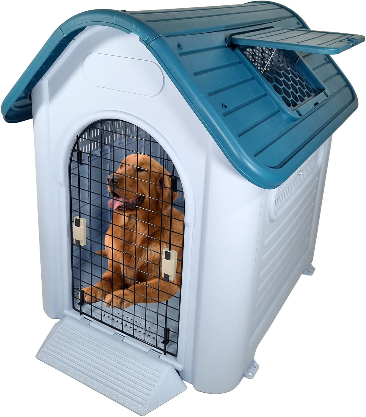 Dog House, Kennel, Indoor / Outdoor Pet House, Thick PP Plastic, Rust &amp; Corrosion Resistant, Portable Dog Shelter, Strong Design, Sturdy, Easy to Clean, Grey + Blue-Green mix color cage, 113 cm height