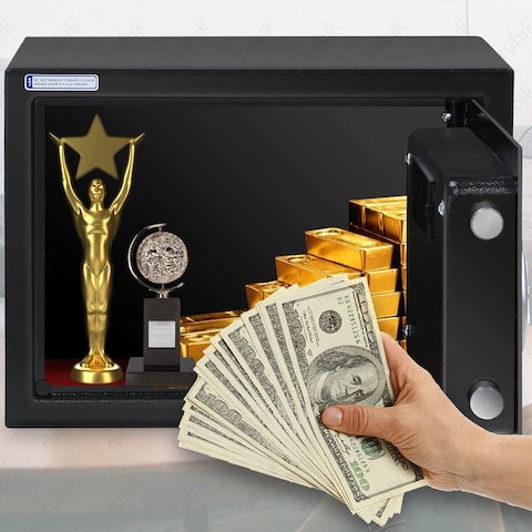 Rubik Digital Safe Box with Key and Password, A4 Document Size Safety Deposit Box For Home Office Shop RB25EA (25x35x25cm) (Black)