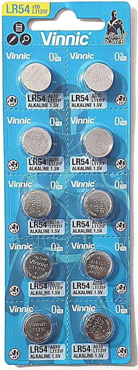 Vinnic AG10&nbsp;LR54&nbsp;L1131F Alkaline 1.5 V Batteries (Pack of 10)