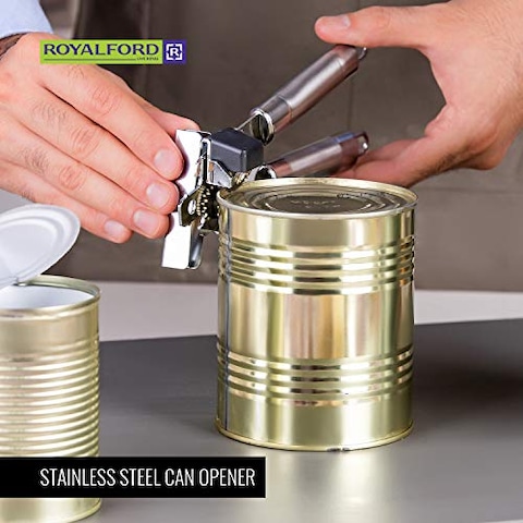 Royalford 3-in-1 Can Opener with Stainless Steel Tube Handle   Manual Tin Can Opener   Easy to Use Bottle Cap Opener, Can Tin &amp; Jar Opener All-in-1   Easy Turn Knob and Ergonomic Soft Grips Handles