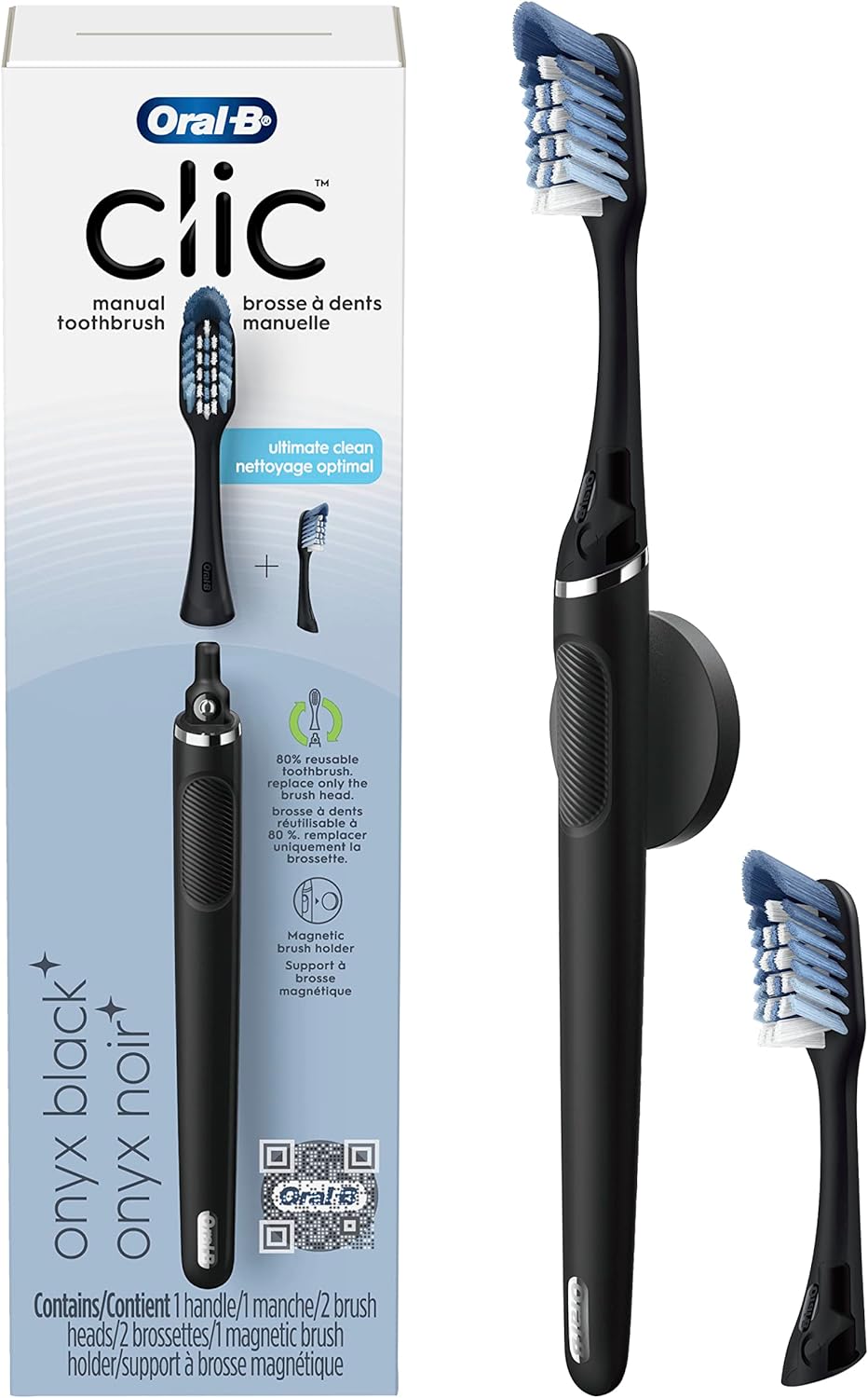 Buy Clic Toothbrush, Black, with 2 Replaceable Brush Heads and Magnetic ...