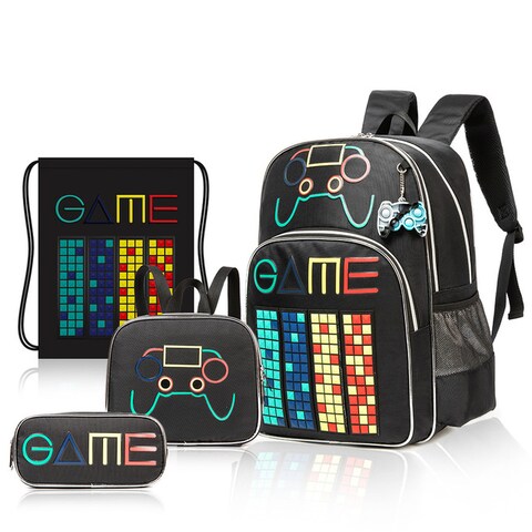 Eazy Kids 17&quot; Set of 4 School Bag with Lunch Bag, Activity Bag and Pencil Case Gen Z Gamer - Black