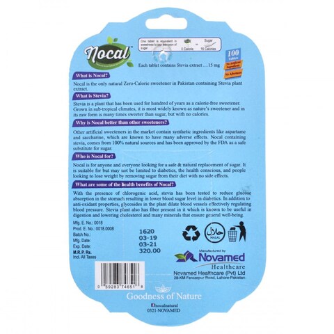 Nocal Natural Zero Calorie Sweetener 100 tab
