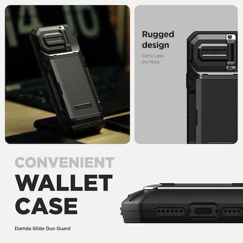 VRS Design Damda Glide Duo Guard for iPhone 15 Pro MAX case cover wallet [Semi Automatic] slider Credit card holder Slot [4 cards] &amp; Camera lens Protector Kickstand - Black Groove