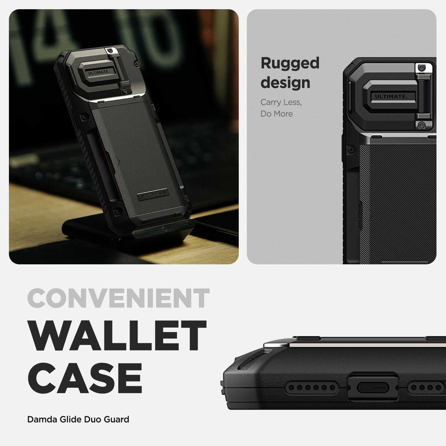 VRS Design Damda Glide Duo Guard for iPhone 15 Pro MAX case cover wallet [Semi Automatic] slider Credit card holder Slot [4 cards] &amp; Camera lens Protector Kickstand - Black Groove