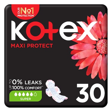 Kotex Maxi Protect Thick Pads, Super Size Sanitary Pads with Wings, 30 Sanitary Pads