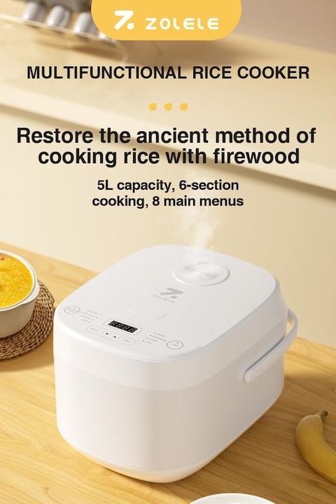 Zolele Smart Rice Cooker 5L Zb600 Smart Rice Cooker For Rice, Porridge, Soup, Stew, And More With 16 Preset Cooking Functions, 24-Hour Timer, Keep Warm Function, And Non-Stick Inner Pot - White