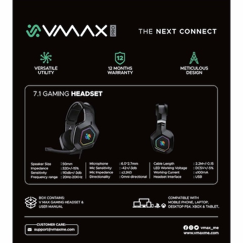 Vmax Pro VGH100 7.1 Wired Over-Ear Gaming Headset With Mic Black