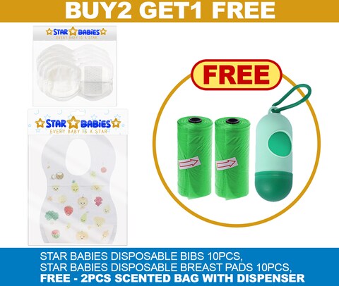 Star Babies Buy 2 Get 1 (Breast pad 10, Disposable bibs 10, Scented bag with dispenser 2pcs)
