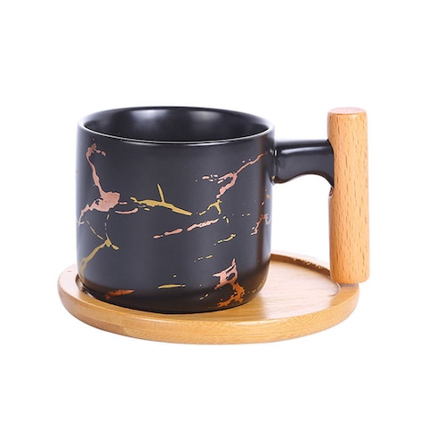 ZK Ceramic mug wooden handle, marble design printed classic coffee enamel mug Ceramic Coffee Cup with wood handle.