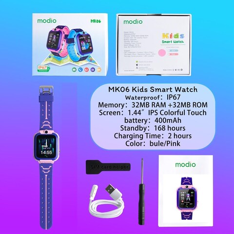 modio MK06 1.44 inch Kids Smart Watch With IP67 Waterproof Camera and Sim Card Slot Pink