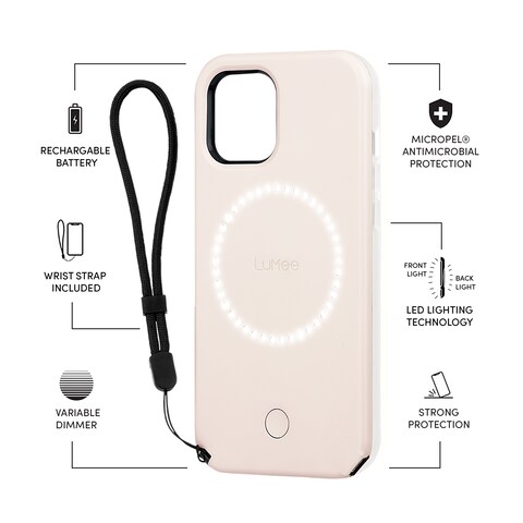 Lumee Halo Selfie Case for Apple iPhone 12 / 12 Pro - Studio-Like Front &amp; Back Light w/ Variable Dimmer &amp; Micropel AntiBacterial Protection Wireless Pass-Through Charging - Millenial Pink