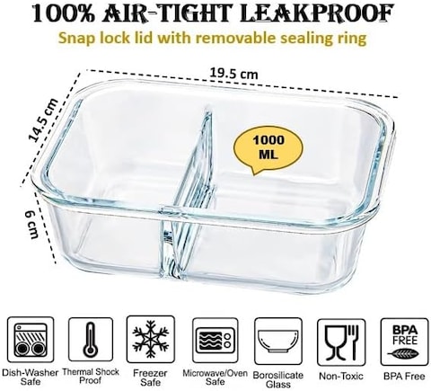 Atraux 2 Compartments Airtight Glass Food Storage Containers, Meal Prep Lunchboxes With Pink Lids - 1000ml (Pack Of 6)